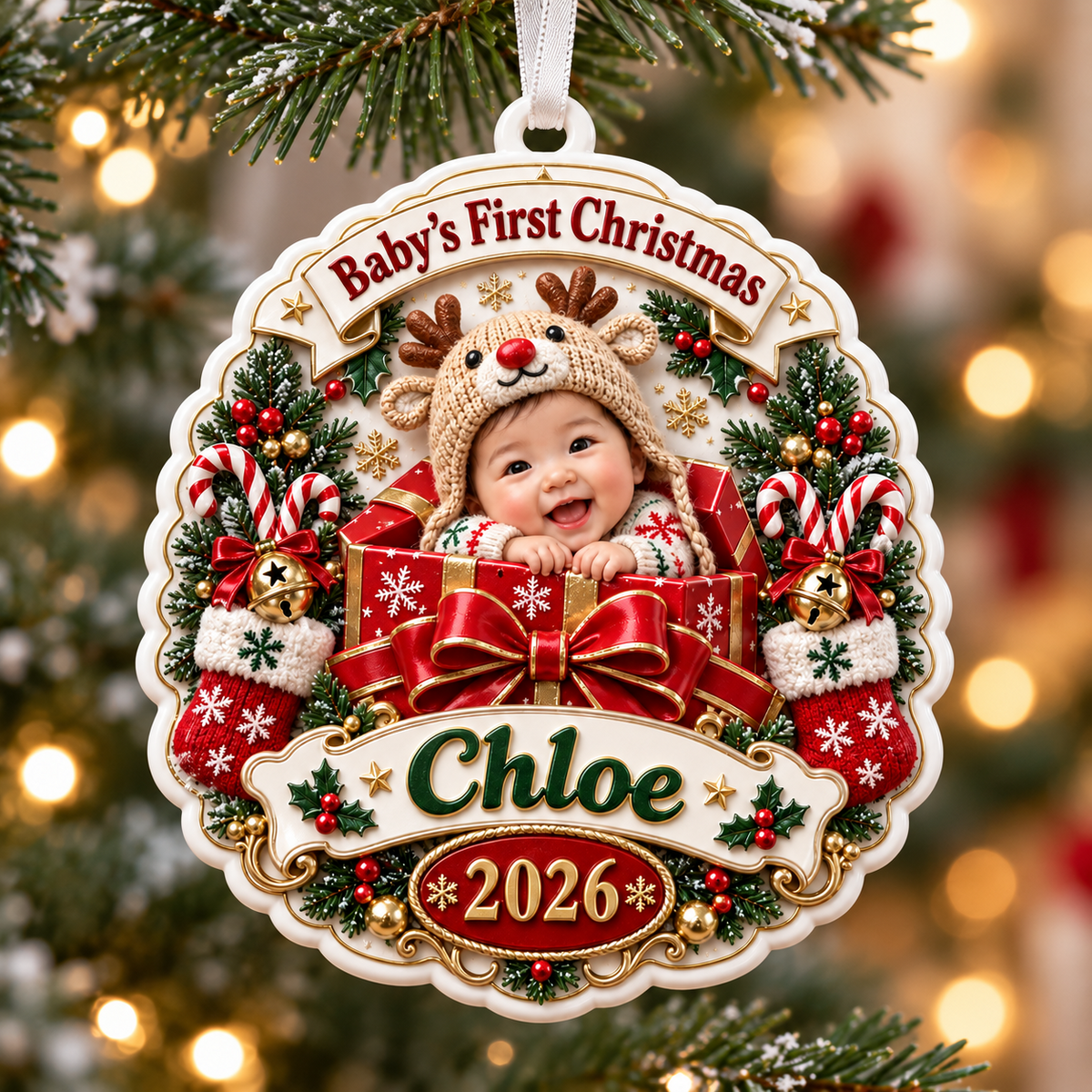 Baby's First Christmas Medallion Keepsake with Holiday Gift Box and Reindeer Hat - 3D Relief Ornament