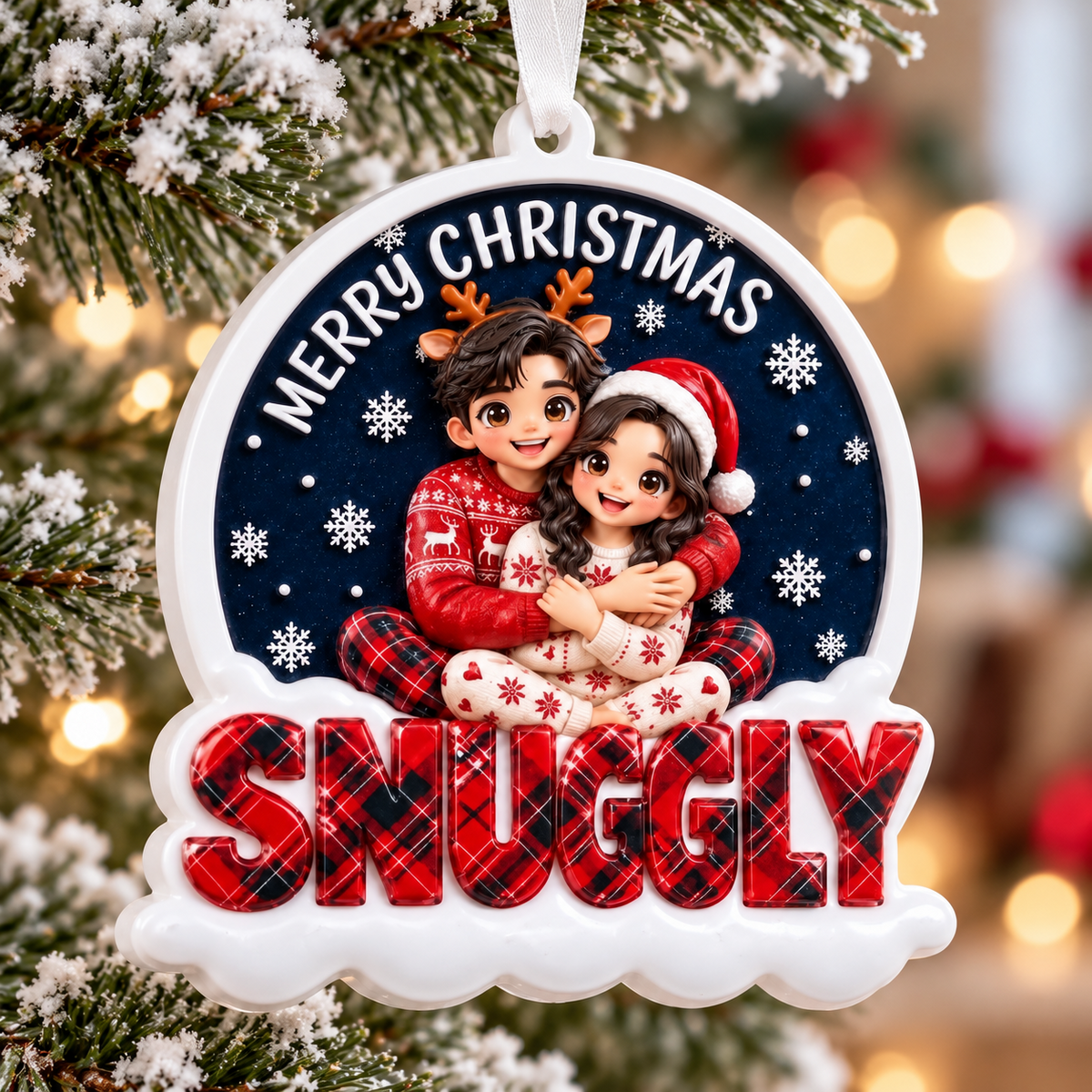 Merry Christmas Couple Hugging in Winter Pajamas Hanging Keepsake - 3D Relief Ornament