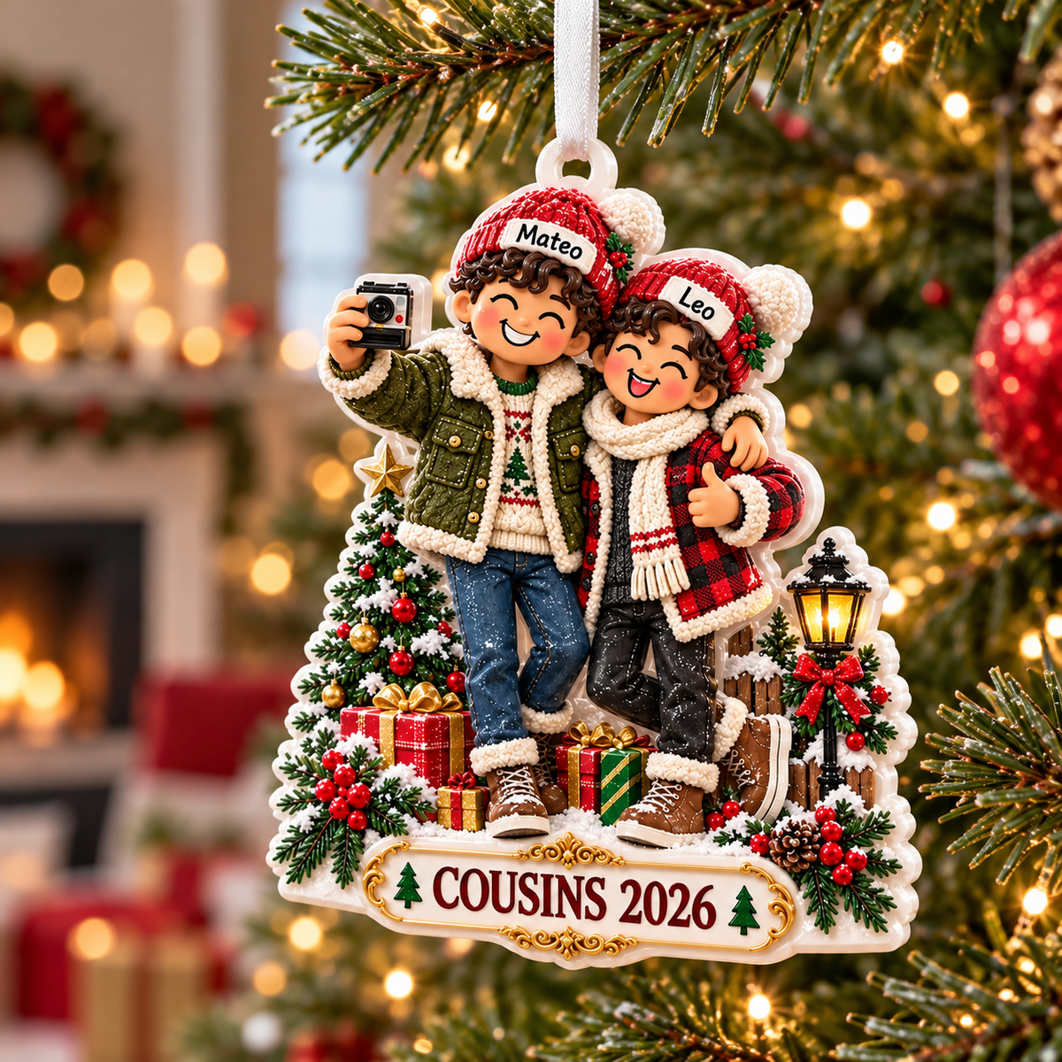 Two Boys Taking Selfie Christmas Tree Plaque Holiday Keepsake - 3D Relief Ornament