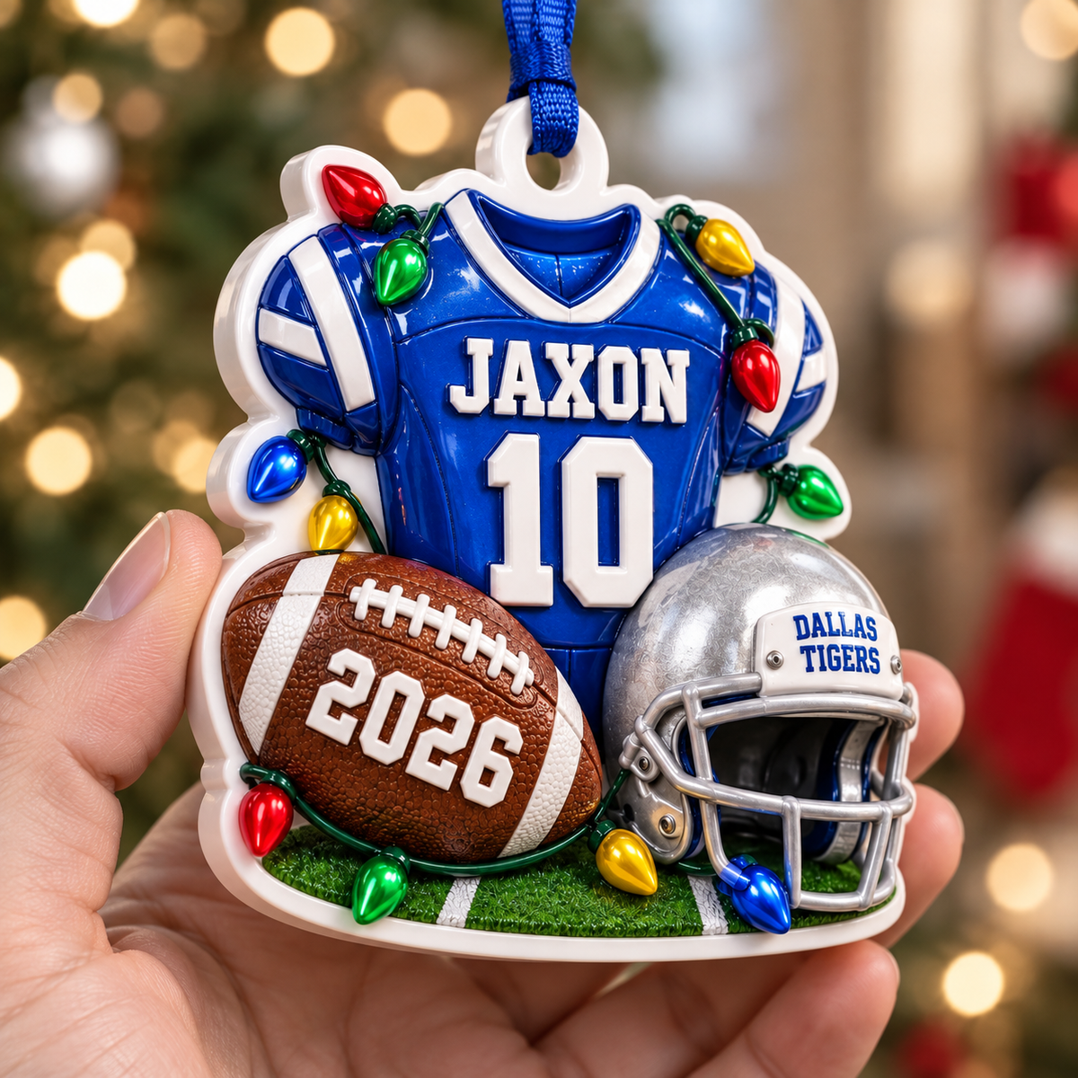 Blue Football Jersey Helmet and Ball Holiday Tree Hanging Decor with String Lights - 3D Relief Ornament