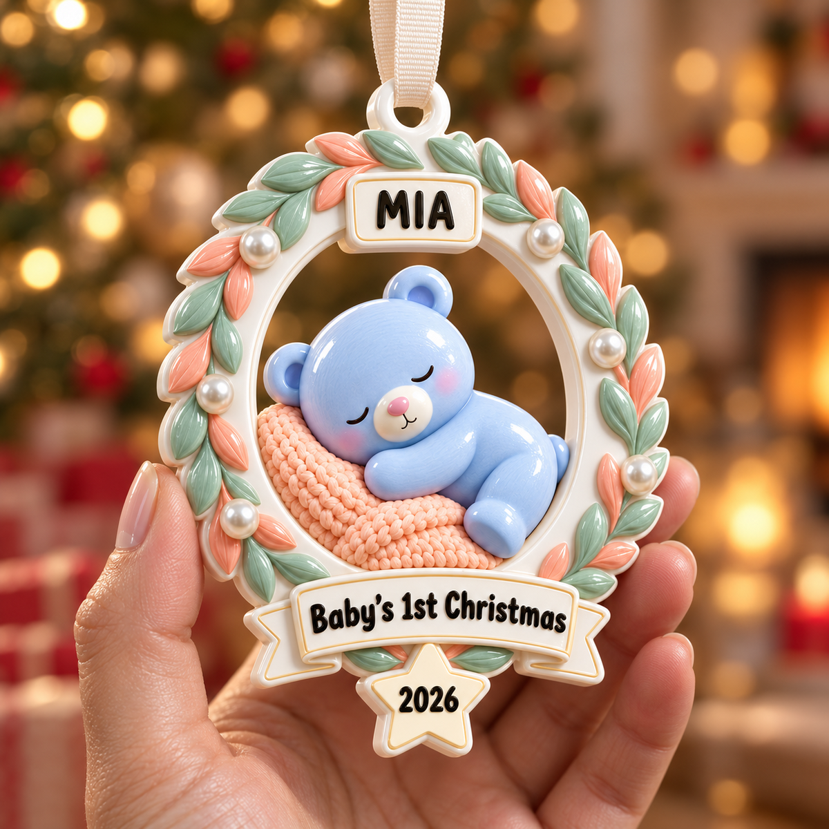 Baby First Christmas Round Picture Frame with Pastel Foliage Wreath - 3D Relief Ornament