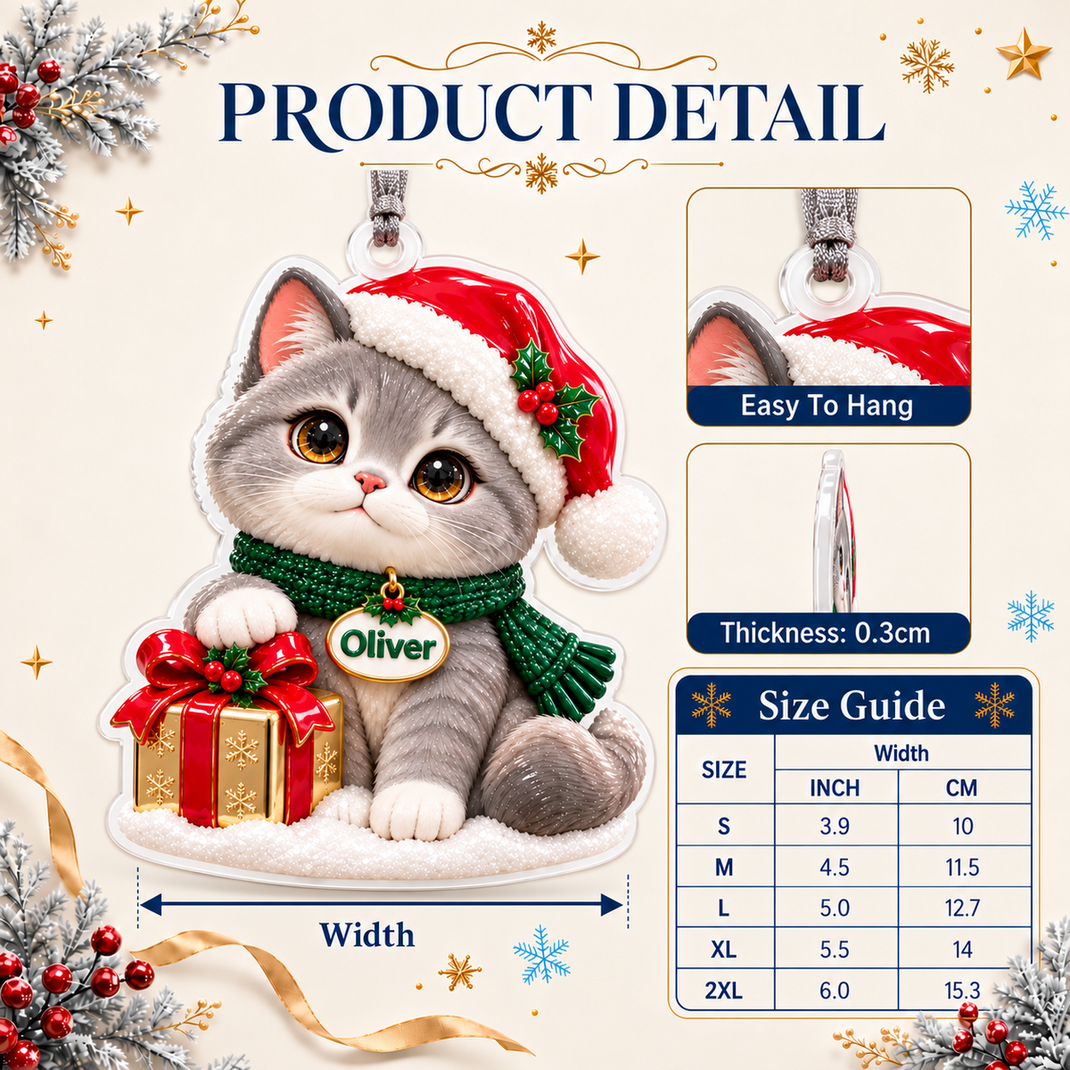 Christmas Grey Cat with Santa Hat and Holiday Present Acrylic Hanging Keepsake - 3D Relief Ornament