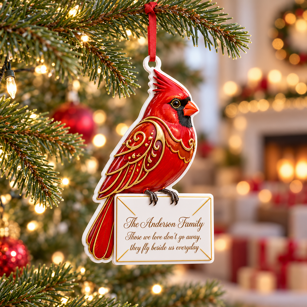 Red Cardinal Perched on Envelope Memorial Tree Hanging - 3D Relief Ornament
