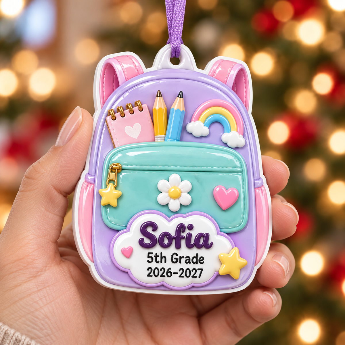 School Backpack Student Keepsake with Pastel Supplies and Rainbow - 3D Relief Ornament