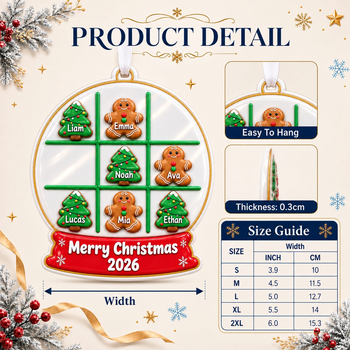 Christmas Tree and Gingerbread Man Tic Tac Toe Snow Globe Hanging Decor - 3D Relief Ornament