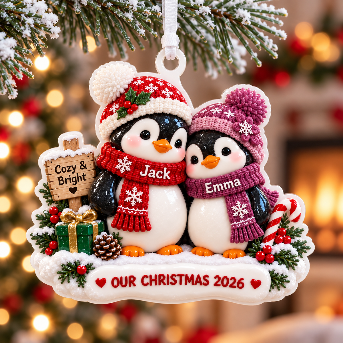 Winter Penguin Couple Holiday Keepsake with Knit Beanies and Snow Base - 3D Relief Ornament