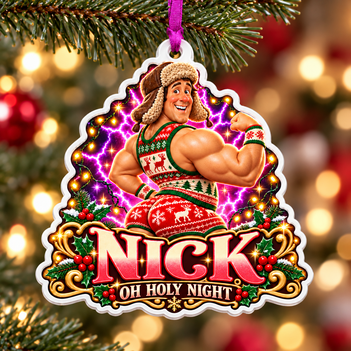 Humorous Muscular Man in Holiday Romper Acrylic Tree Hanging - 3D Relief Ornament