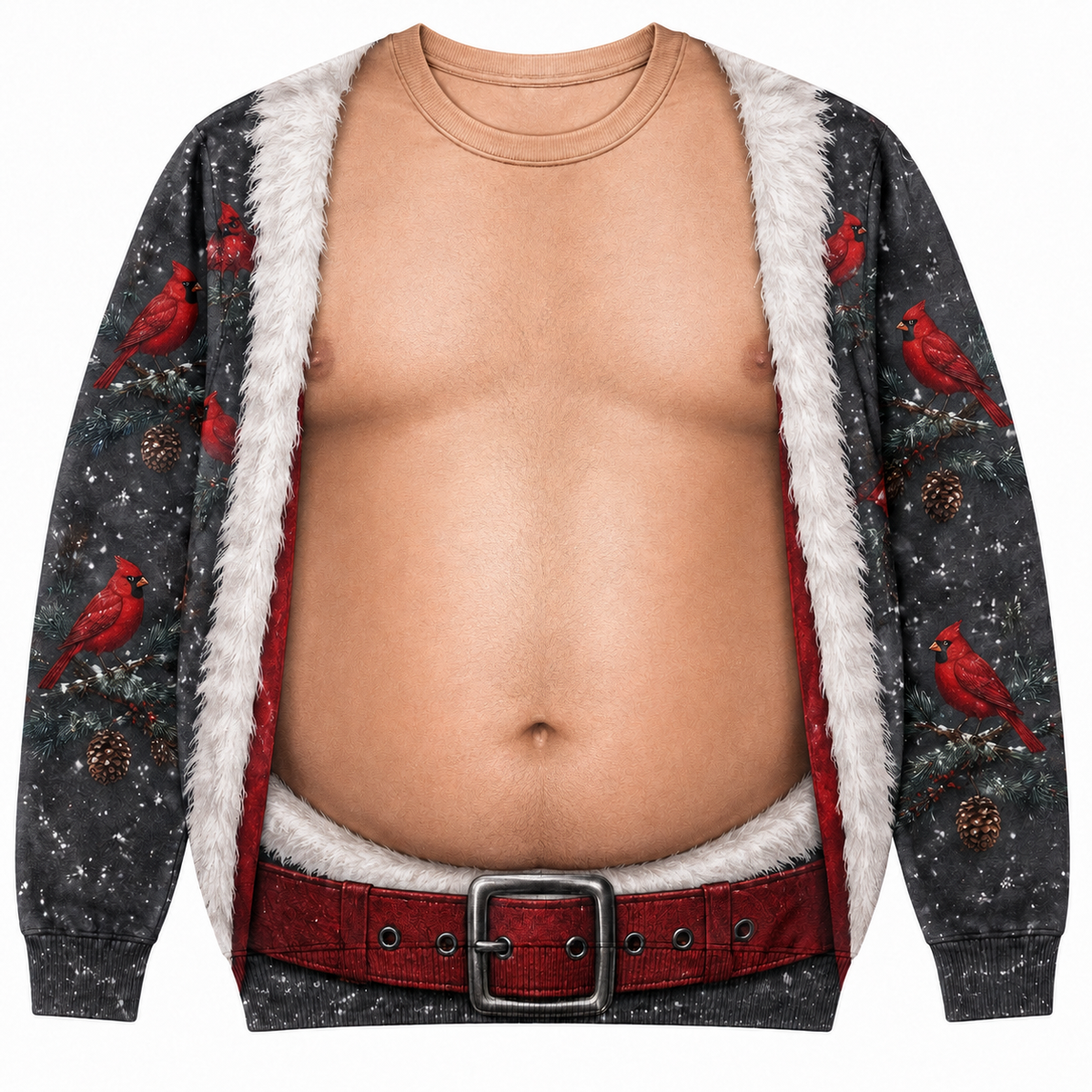 Funny Ugly Christmas Sweatshirt Fake Bare Chest Belly Graphic Crewneck