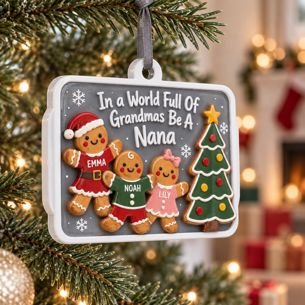 Nana Gingerbread Family Christmas Plaque, Rectangular Hanging Holiday Tree Decor - 3D Relief Ornament