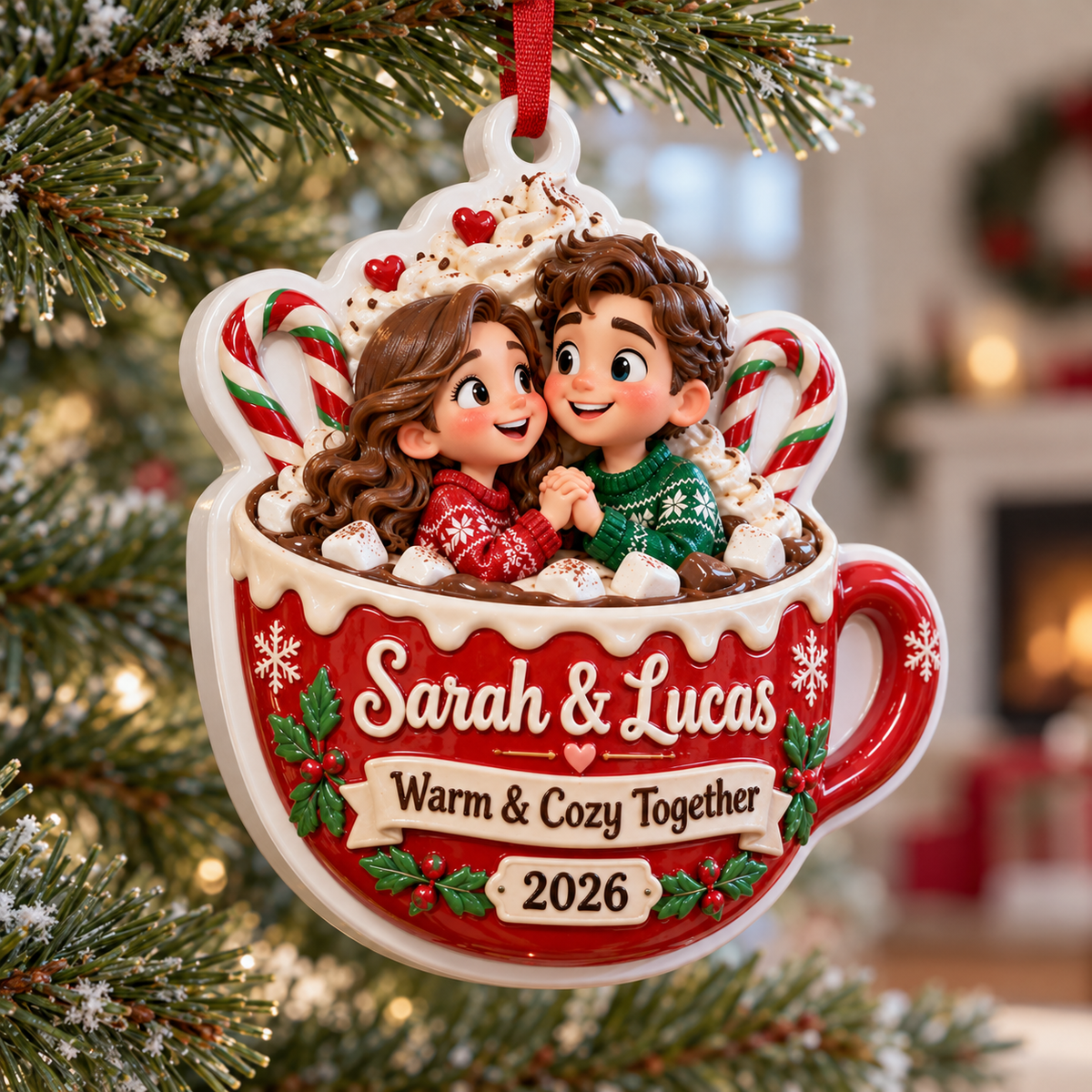 Couple in Hot Cocoa Mug Holiday Tree Hanging Decor - 3D Relief Ornament