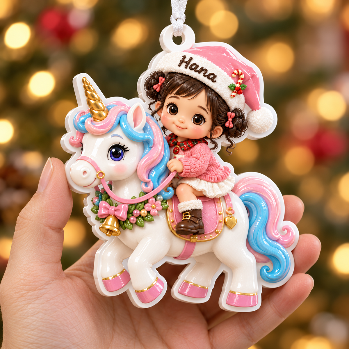 Little Girl in Pink Santa Hat Riding Unicorn Acrylic Christmas Tree Hanging Decor - 3D Relief Ornament