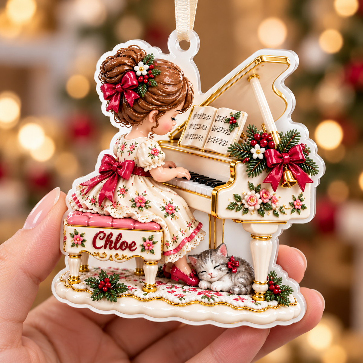 Little Girl Playing Grand Piano with Sleeping Cat Acrylic Hanging Keepsake - 3D Relief Ornament