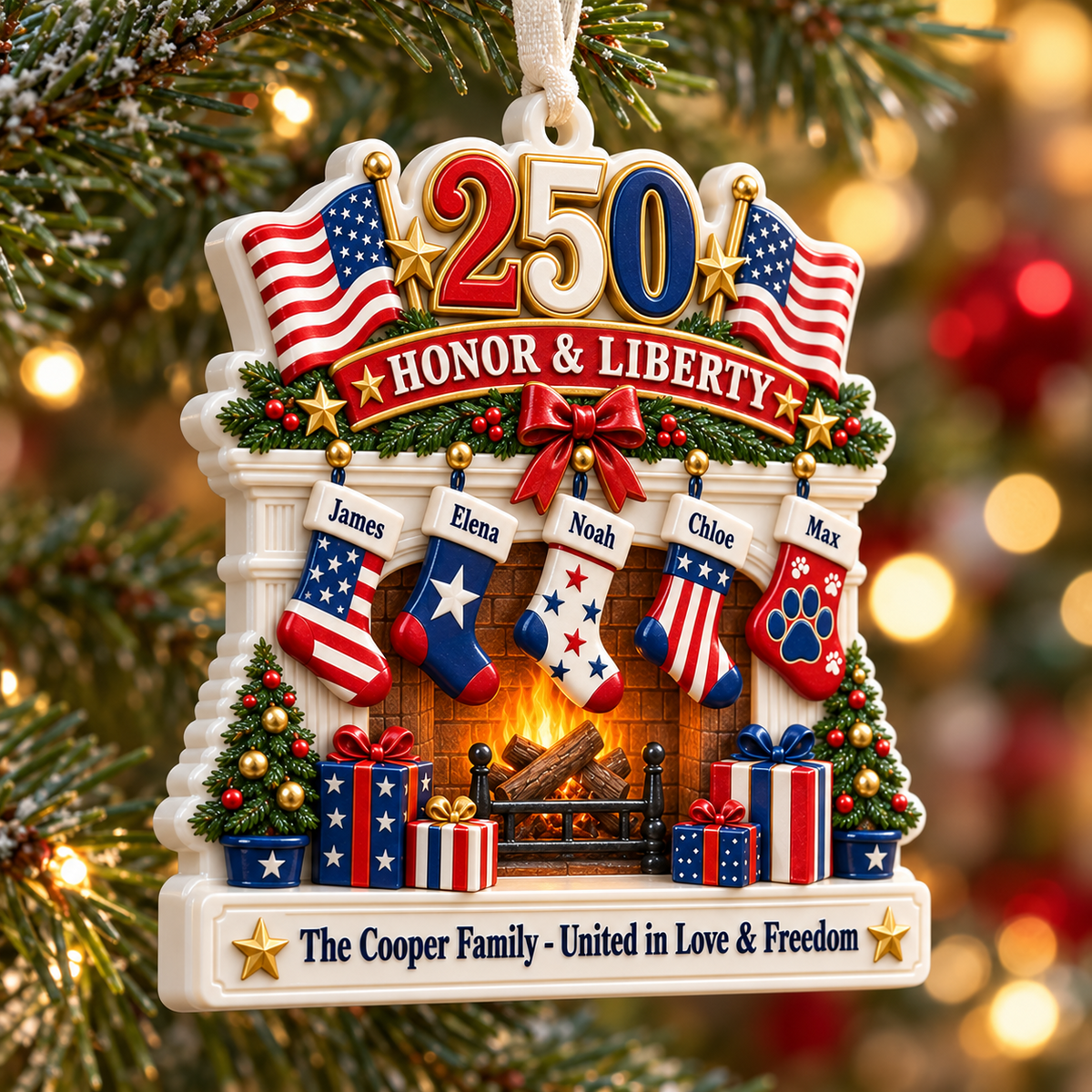 Patriotic Fireplace Christmas Tree Hanging Decor with American Flags - 3D Relief Ornament