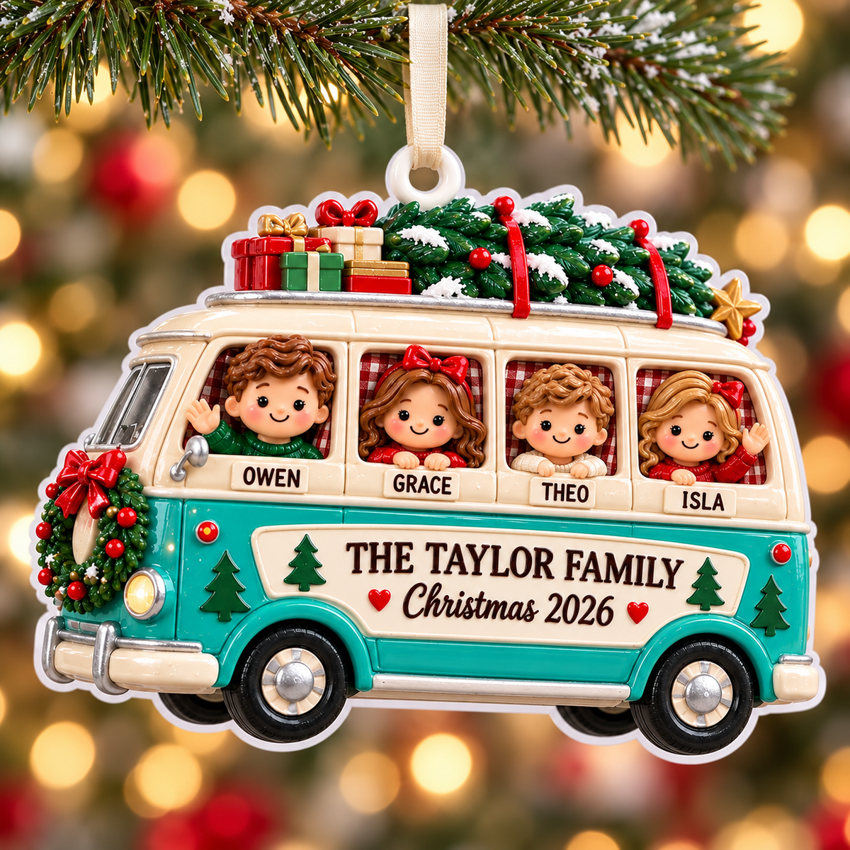 Family Road Trip Camper Van Holiday Hanging Keepsake - 3D Relief Ornament