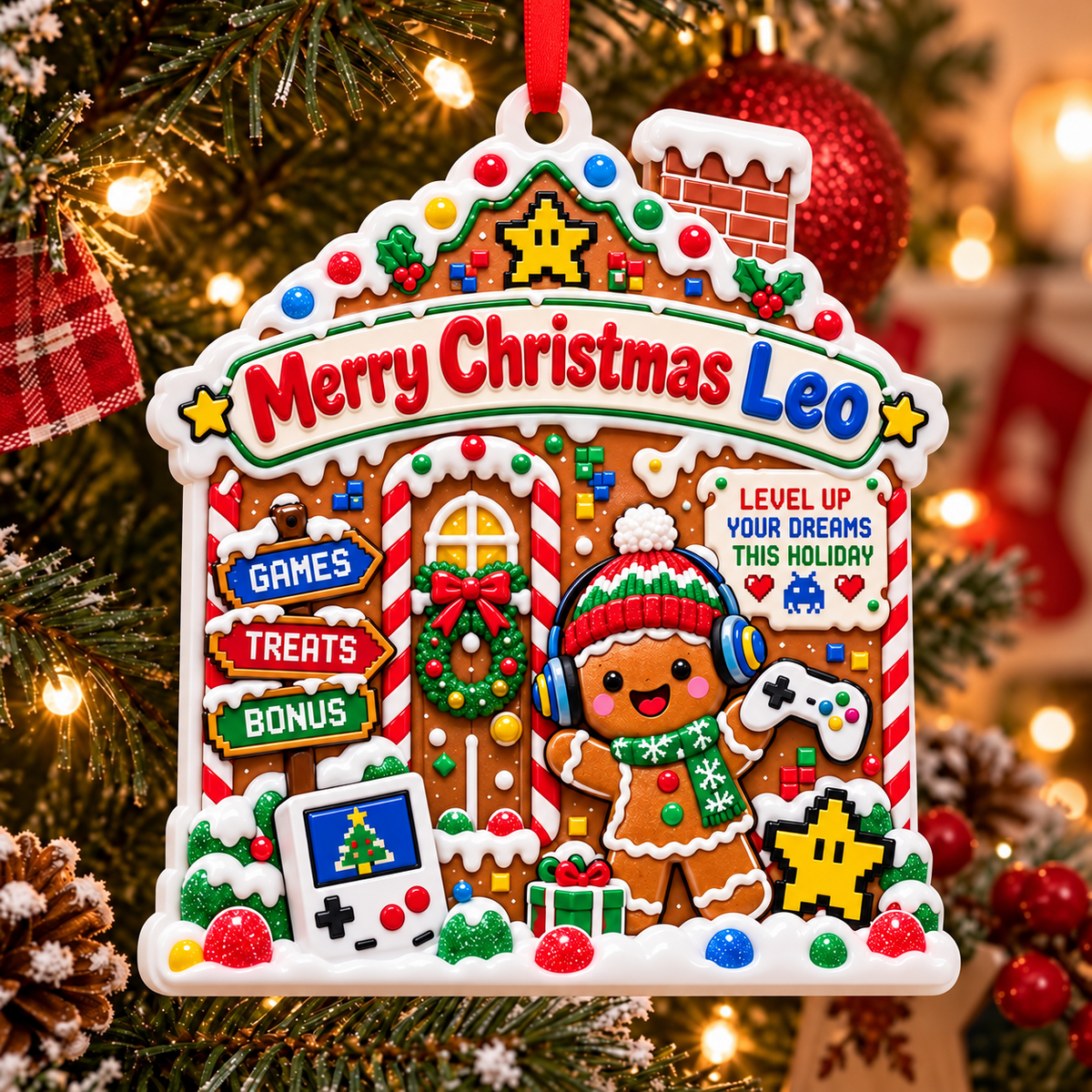 Gamer Gingerbread House Holiday Hanging Decoration - 3D Relief Ornament