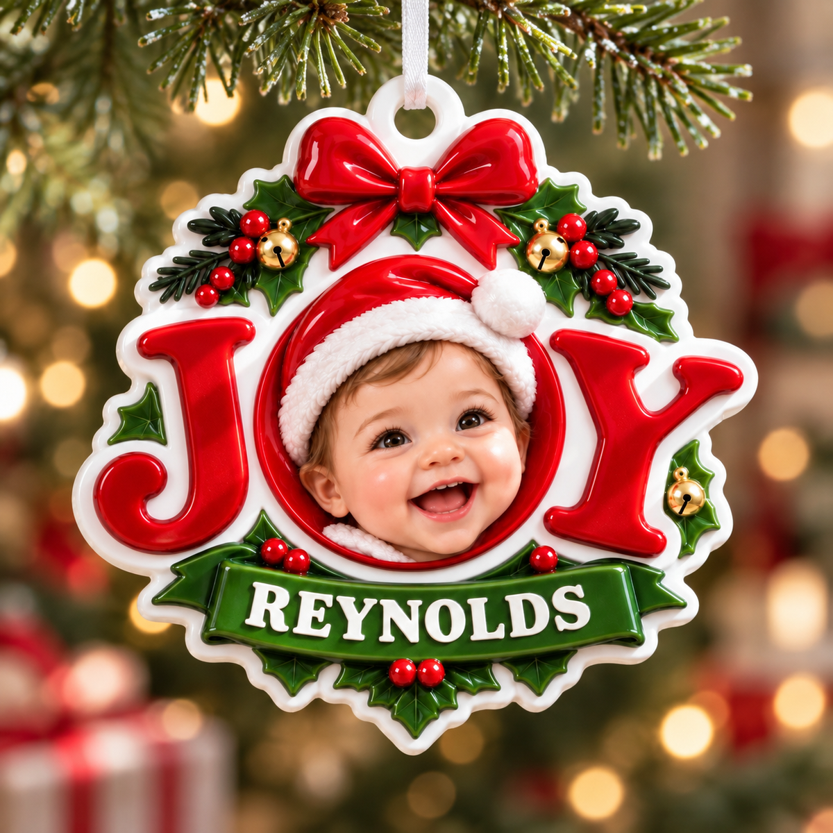 Christmas Joy Tree Hanging Frame Medallion with Red Ribbon Bow and Holly - 3D Relief Ornament