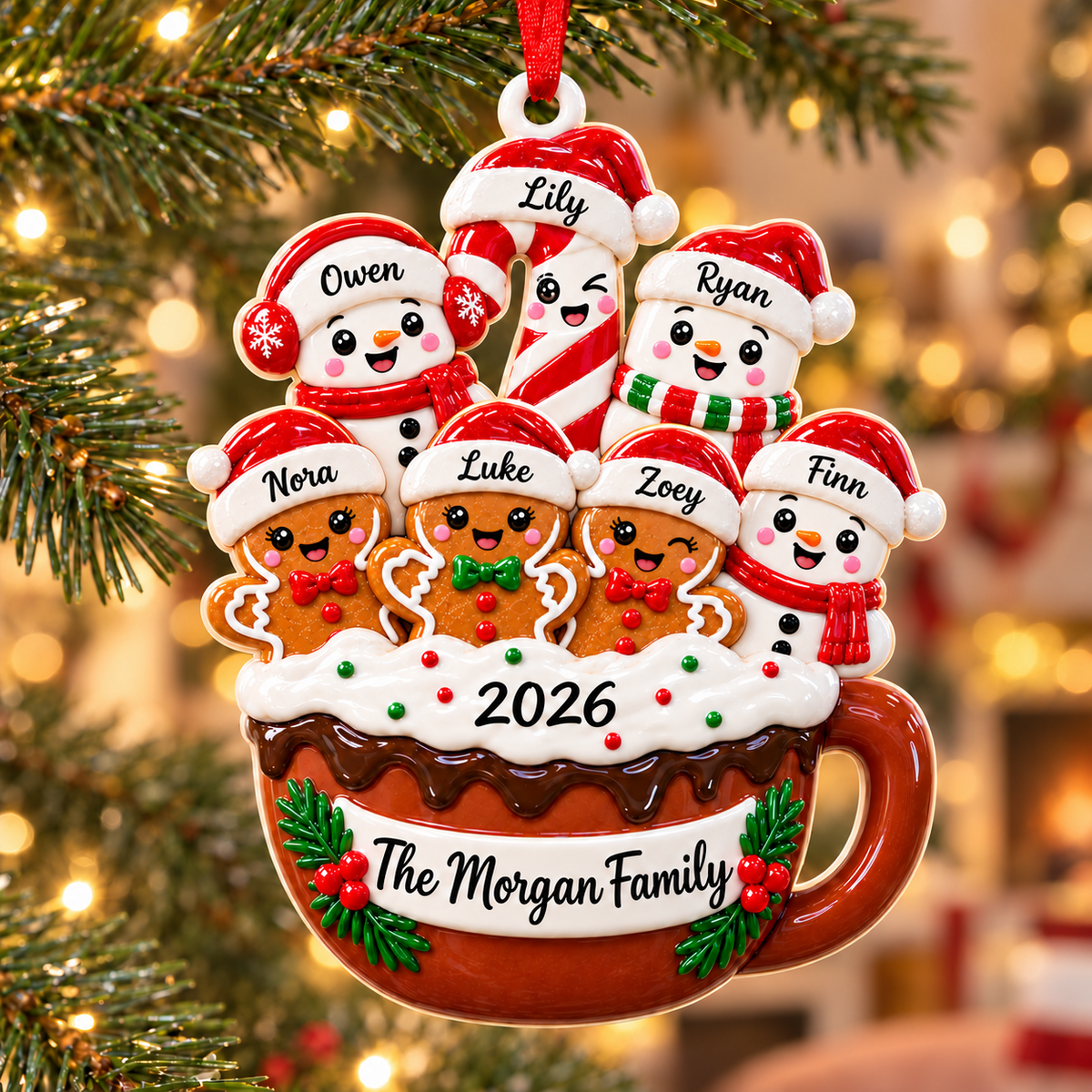 Hot Cocoa Mug Snowman and Gingerbread Family Holiday Tree Hanging Decor - 3D Relief Ornament