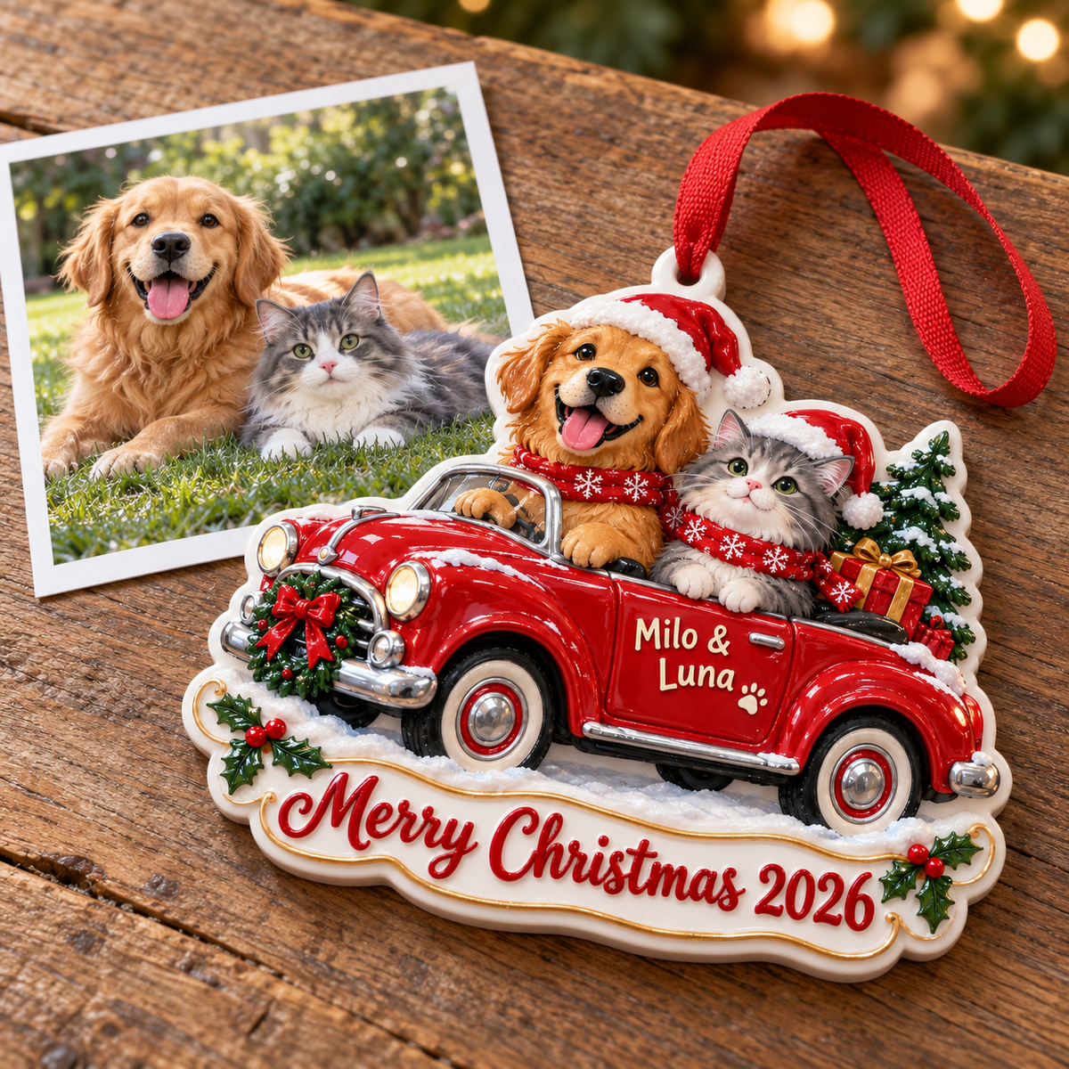 Dog and Cat in Vintage Red Car Holiday Keepsake - 3D Relief Ornament