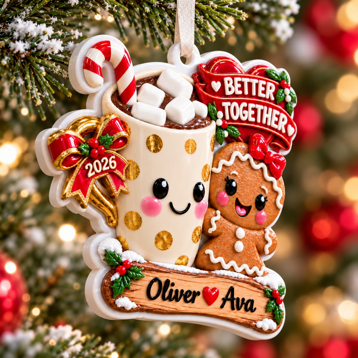Hot Cocoa Mug and Gingerbread Couple Better Together Holiday Keepsake - 3D Relief Ornament