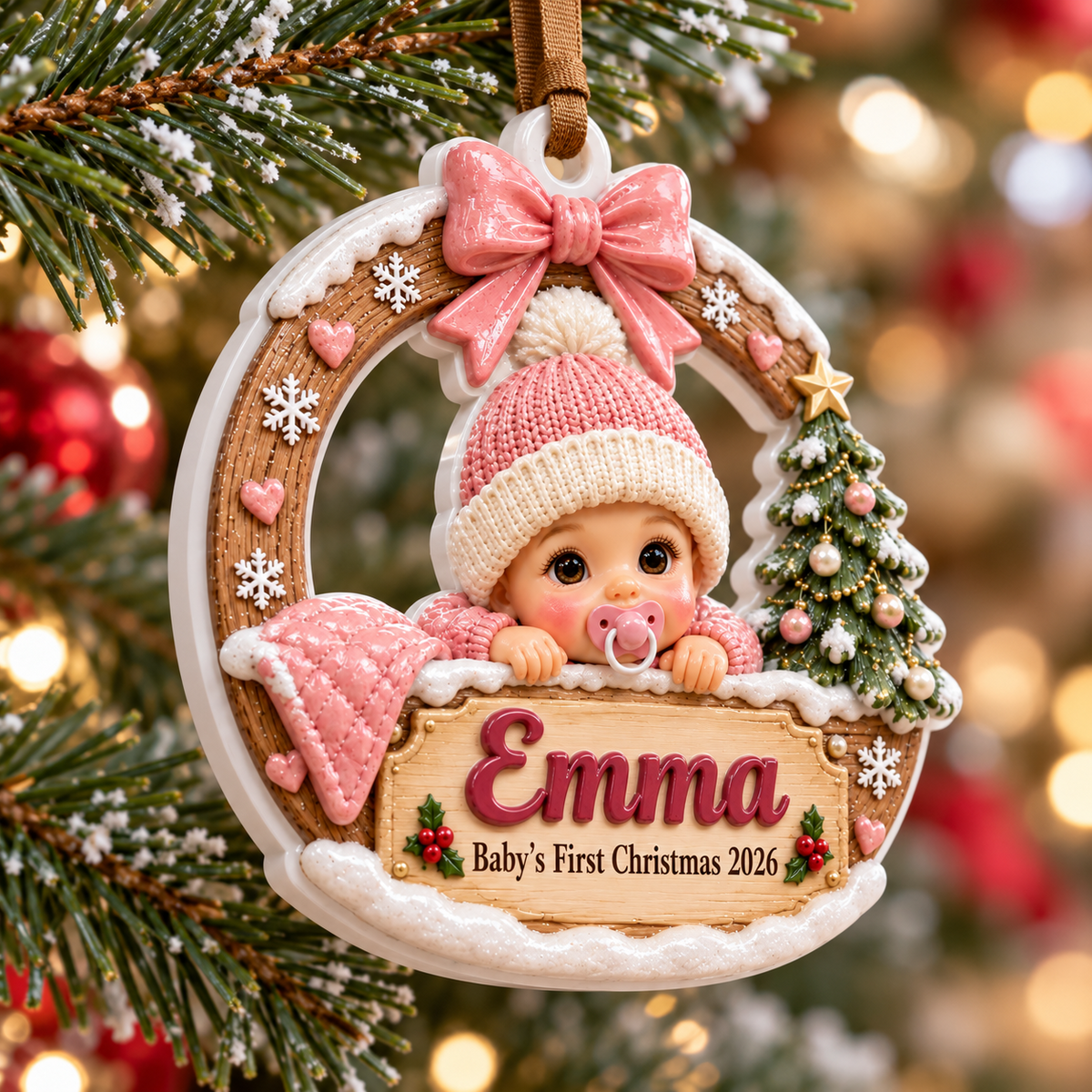 Baby Girl First Christmas Wreath with Pink Knit Beanie and Tree - 3D Relief Ornament