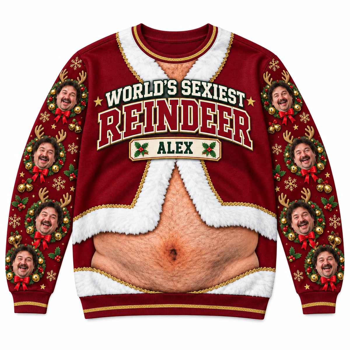Funny Christmas Sweatshirt Hairy Belly Print Holiday Crewneck