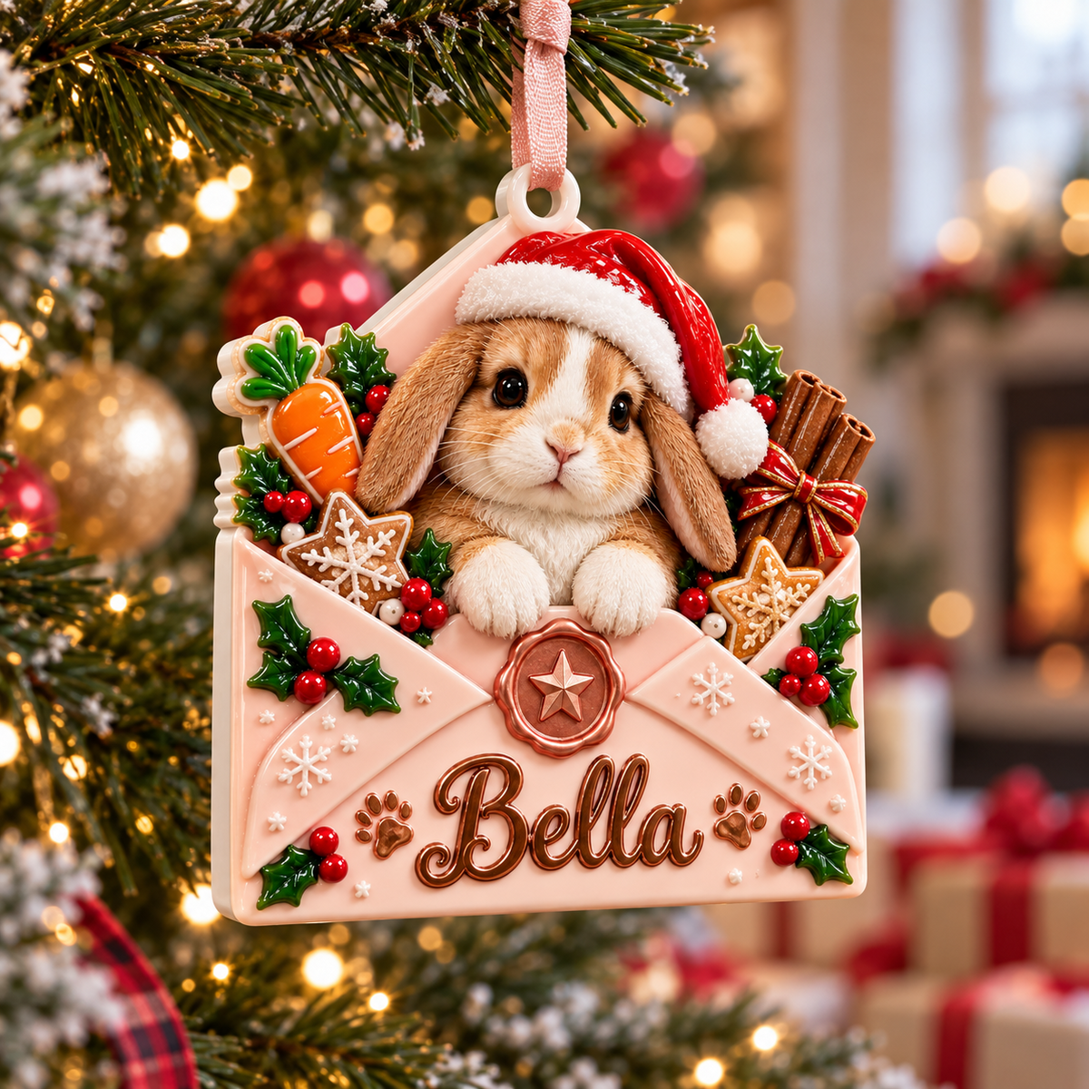 Baby Bunny in Pink Envelope Christmas Tree Pendant - 3D Relief Ornament
