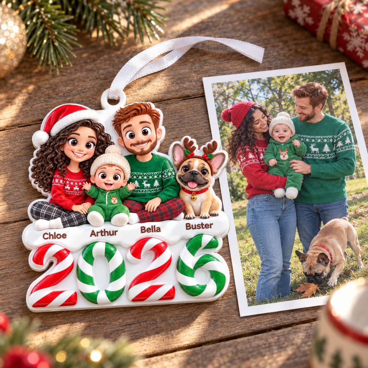 Family and Dog Christmas Tree Keepsake, Cartoon Holiday Peppermint Year - 3D Relief Ornament