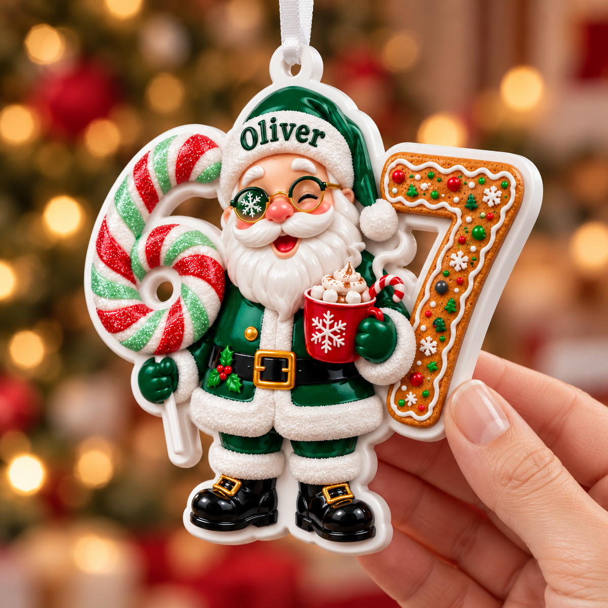 Green Santa Claus Number 67 Acrylic Christmas Tree Decoration - 3D Relief Ornament