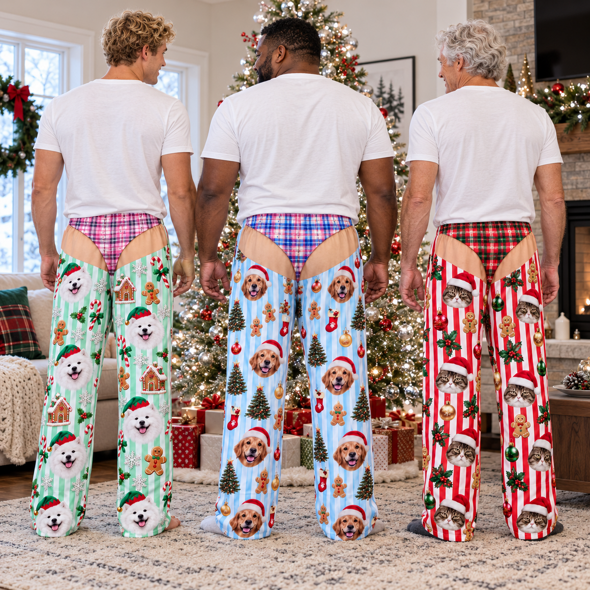 Christmas Pajama Pants with Thong Print and Holiday Dog Face Pattern