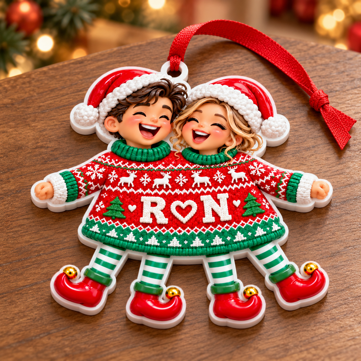 Couple in Red Two-Person Christmas Sweater Holiday Hanging Keepsake - 3D Relief Ornament