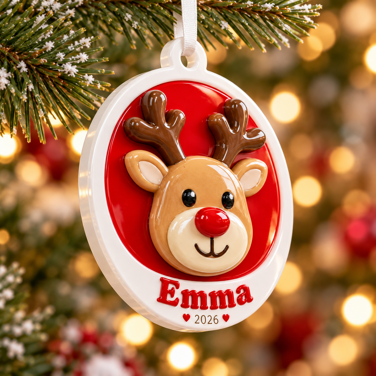 Red and White Round Christmas Reindeer Keepsake - 3D Relief Ornament