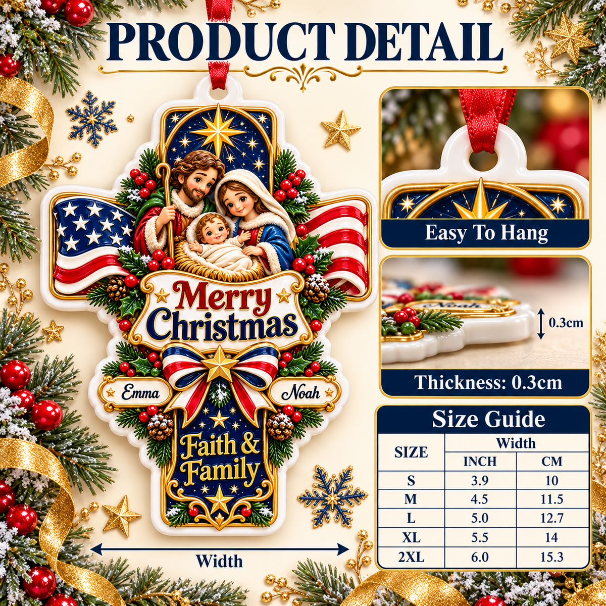 Nativity Scene American Flag Cross Faith and Family Holiday Tree Hanging Decor - 3D Relief Ornament