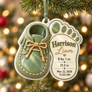 Baby Bootie Shoe and Footprint Birth Announcement Keepsake, Sage Green Holiday Decor - 3D Relief Ornament
