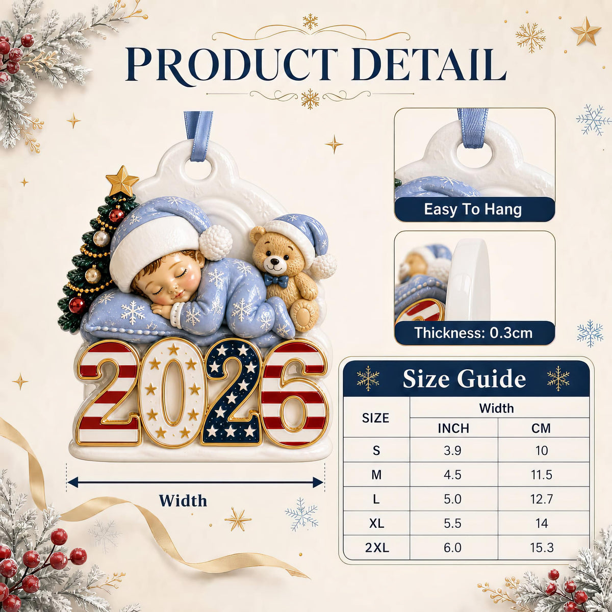 Baby's First Christmas 2026 Sleeping Boy with Teddy Bear, Patriotic Stars and Stripes - 3D Relief Ornament