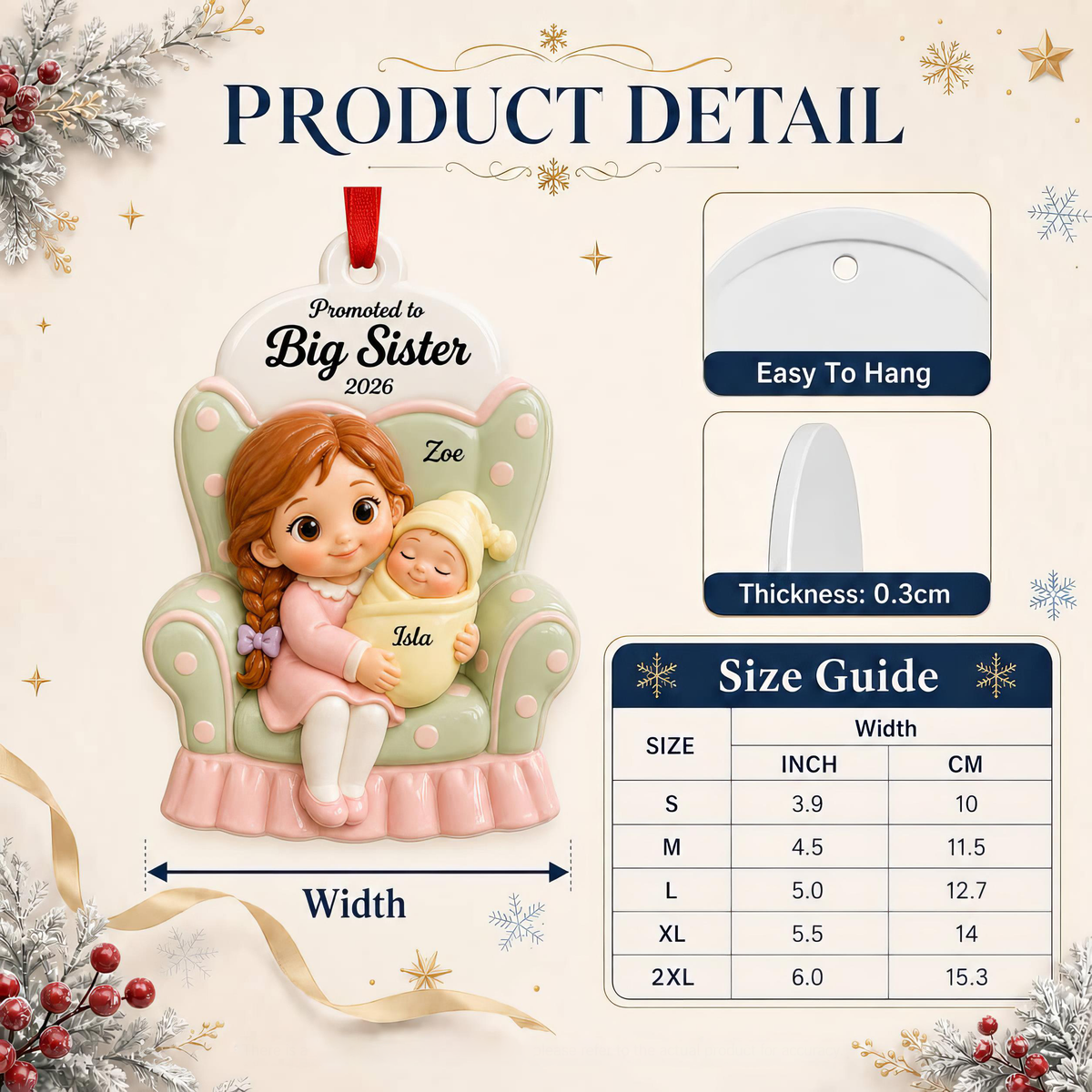 Promoted to Big Sister Hanging Keepsake, Girl in Armchair Holding Newborn Baby - 3D Relief Ornament