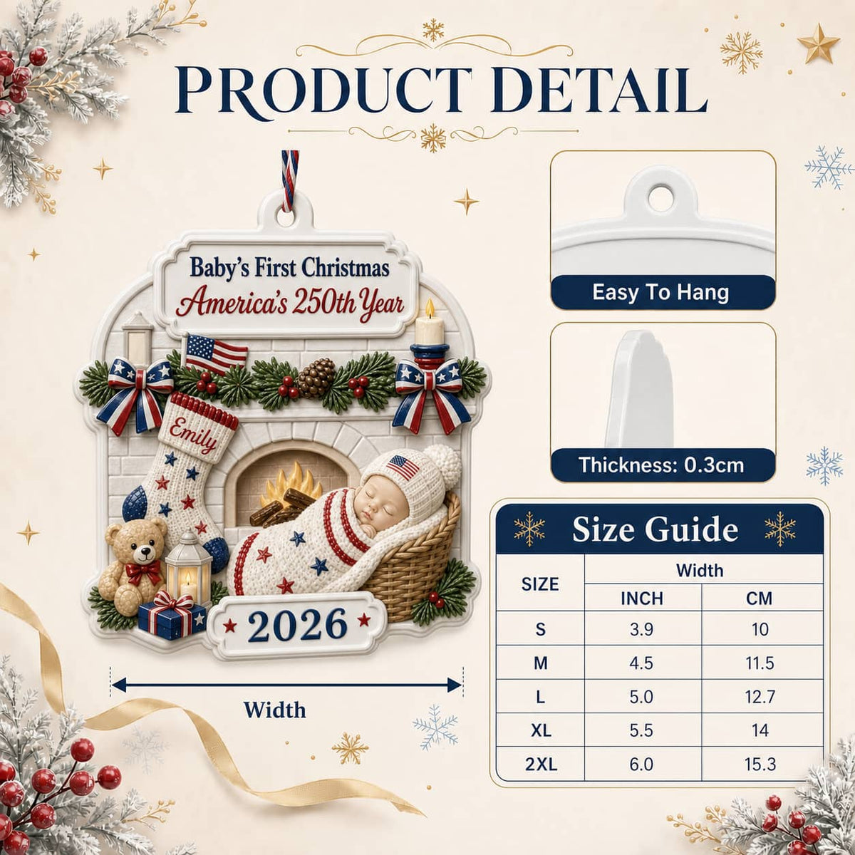 Baby's First Christmas 2026 Hanging Keepsake, America's 250th Year Patriotic Fireplace - 3D Relief Ornament