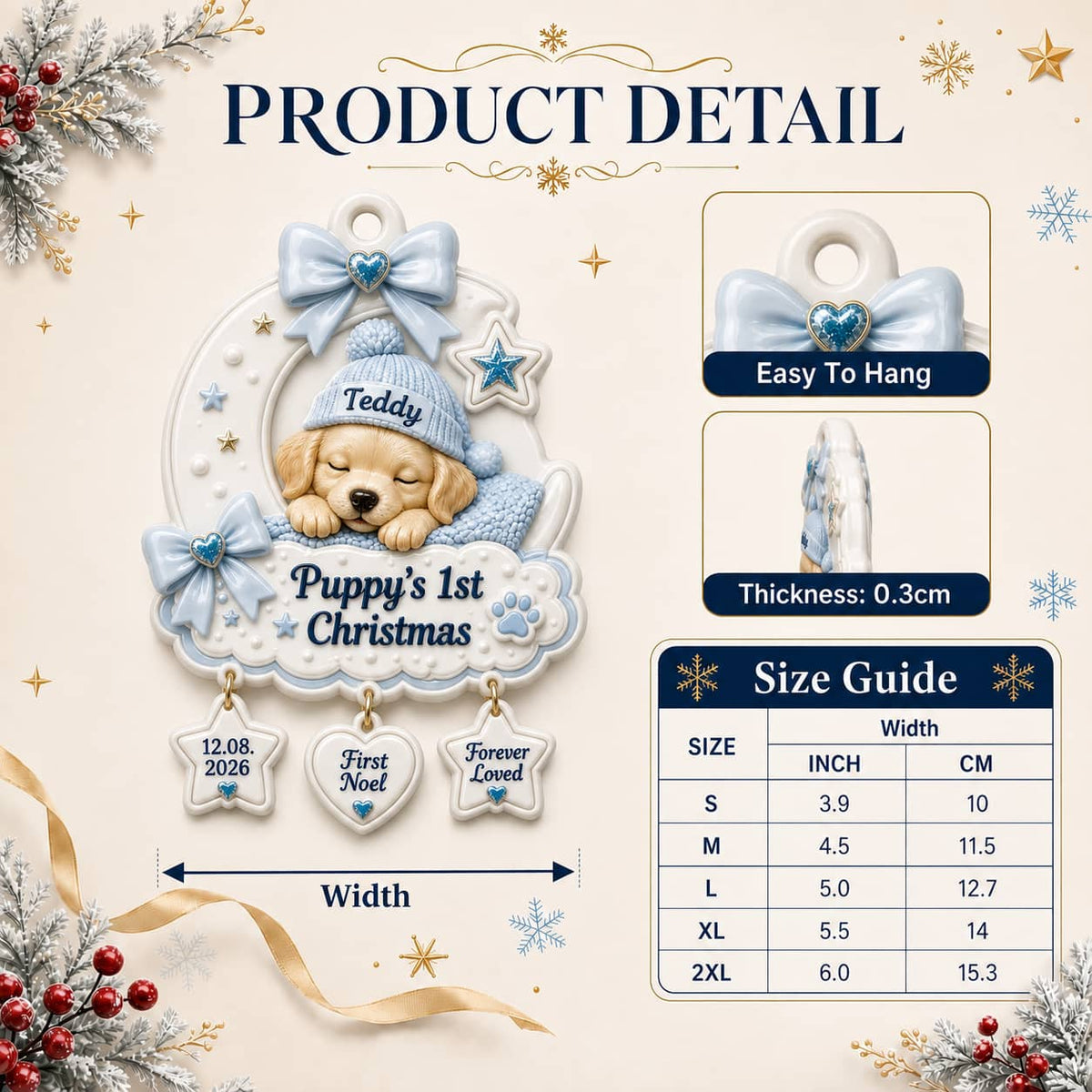 Puppy’s First Christmas Crescent Moon Holiday Decor, Blue Bow and Sleeping Puppy Design - 3D Relief Ornament