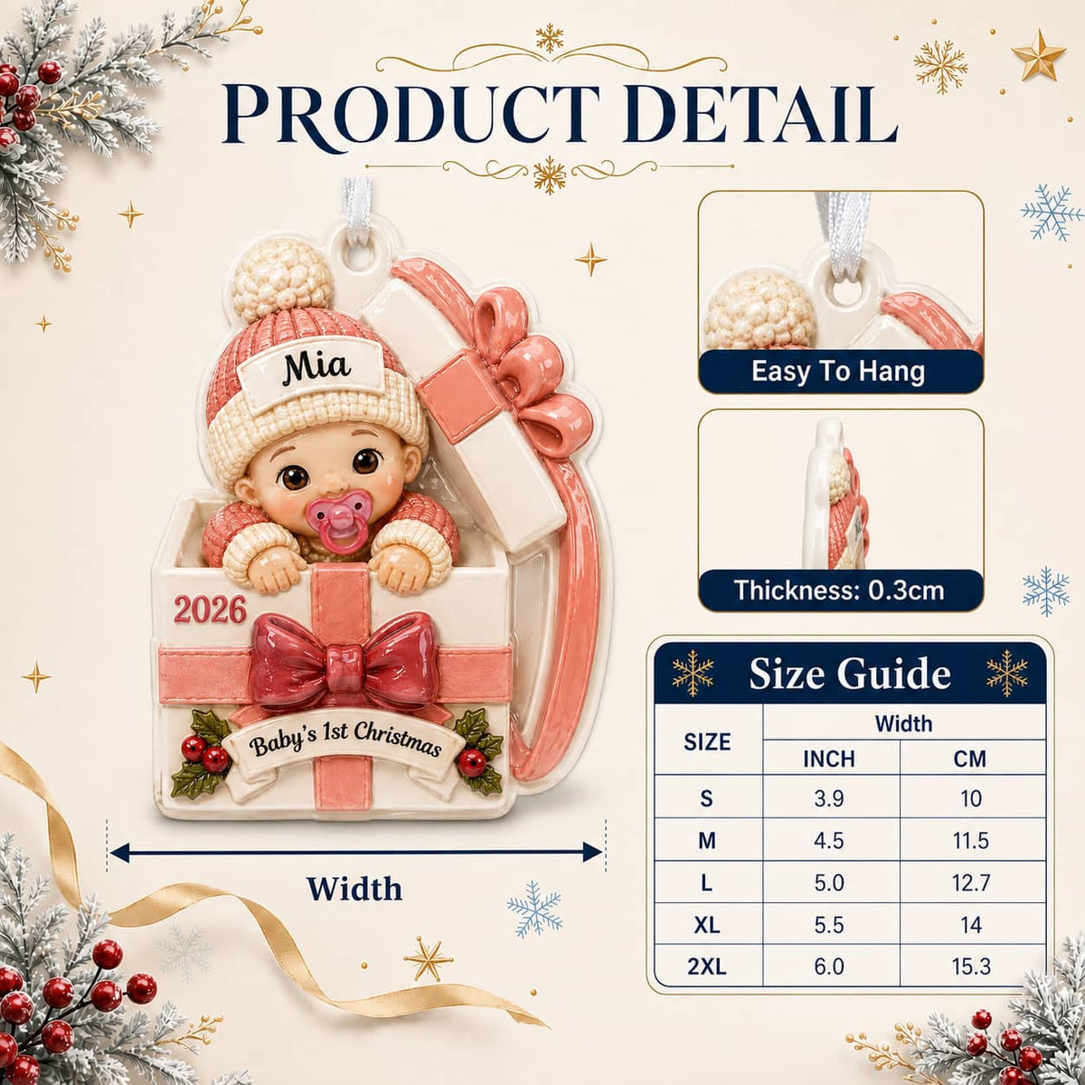 Baby's First Christmas Infant in Pink Present Box Holiday Keepsake - 3D Relief Ornament