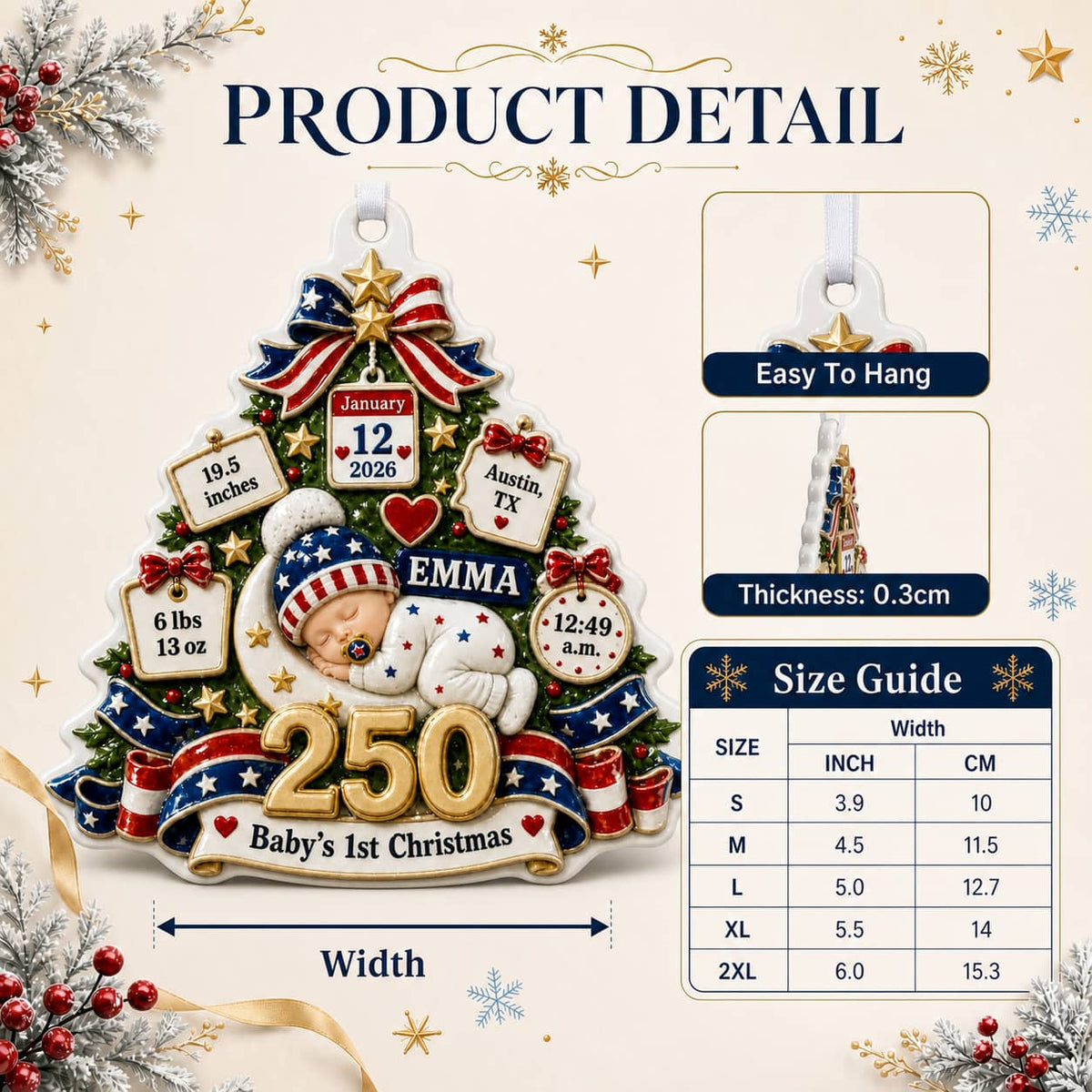 Baby's First Christmas Tree Keepsake, America 250 Patriotic Birth Stats - 3D Relief Ornament