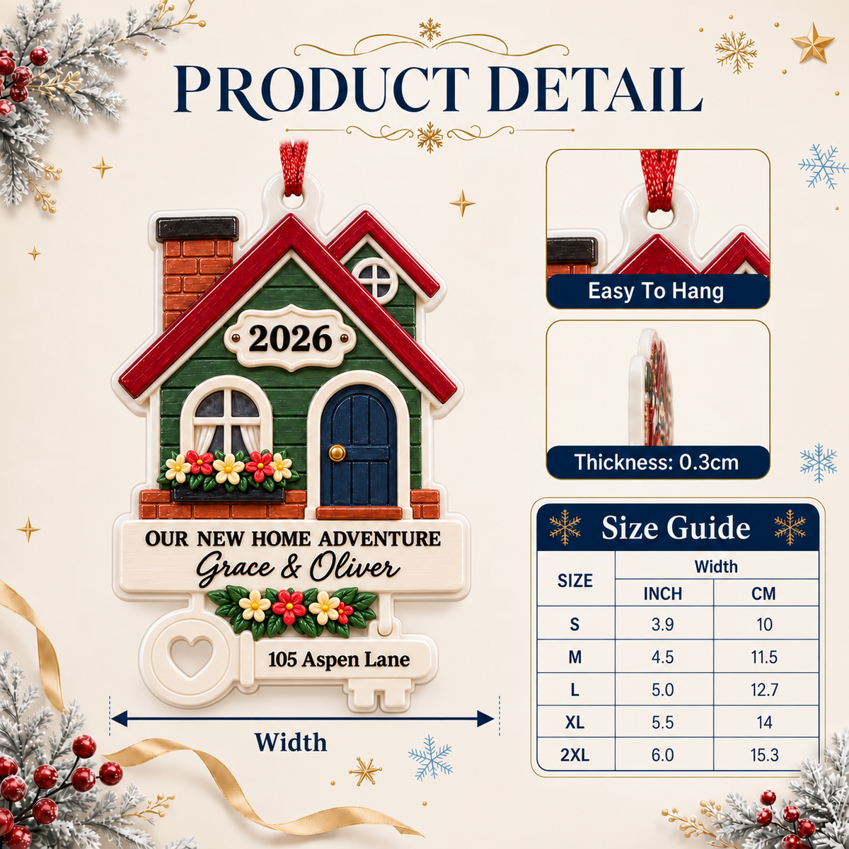 New Home Adventure House and Key Shaped Christmas Tree Hanging Decor - 3D Relief Ornament