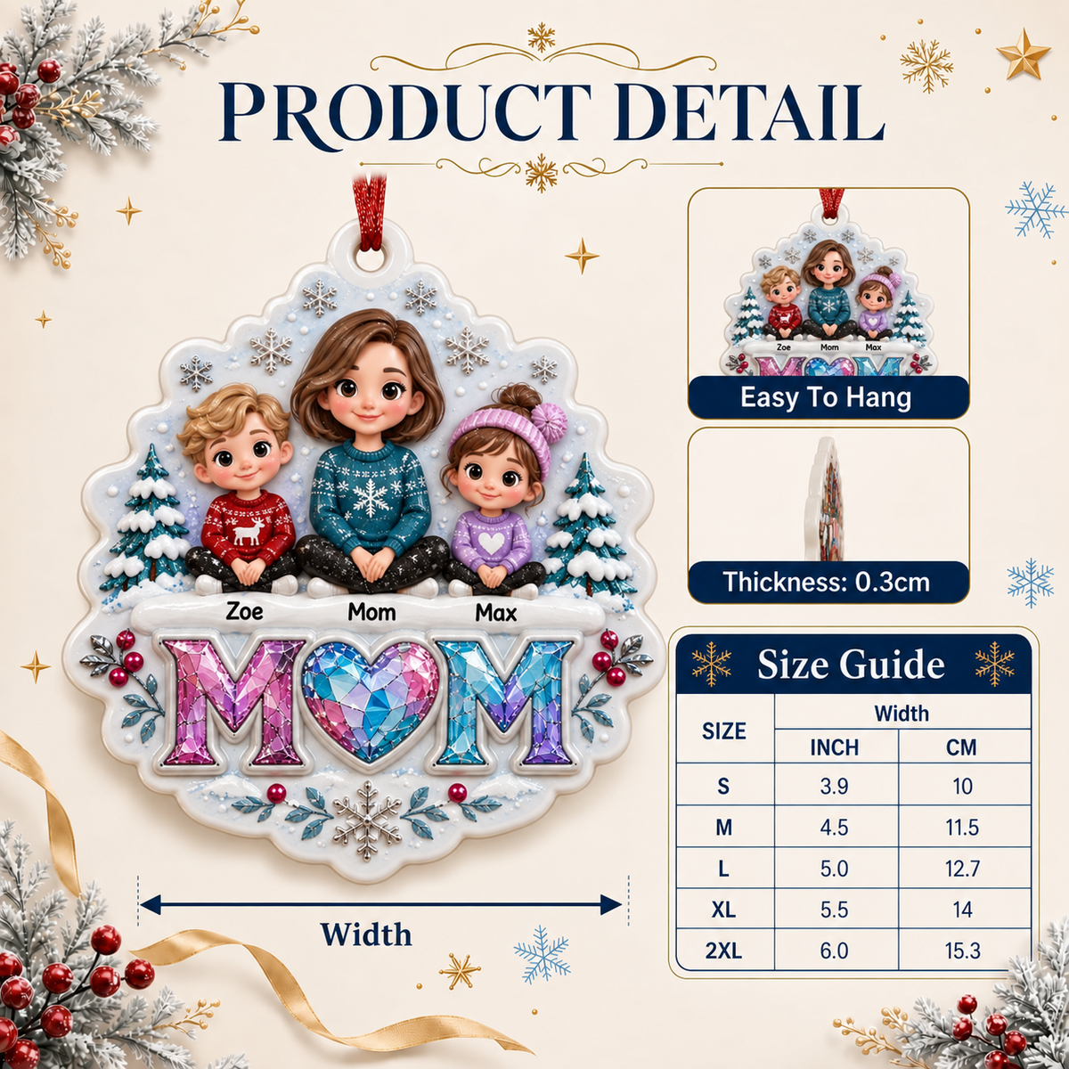 Mom and Two Children Winter Family Tree Hanging Decor with Snowflakes - 3D Relief Ornament