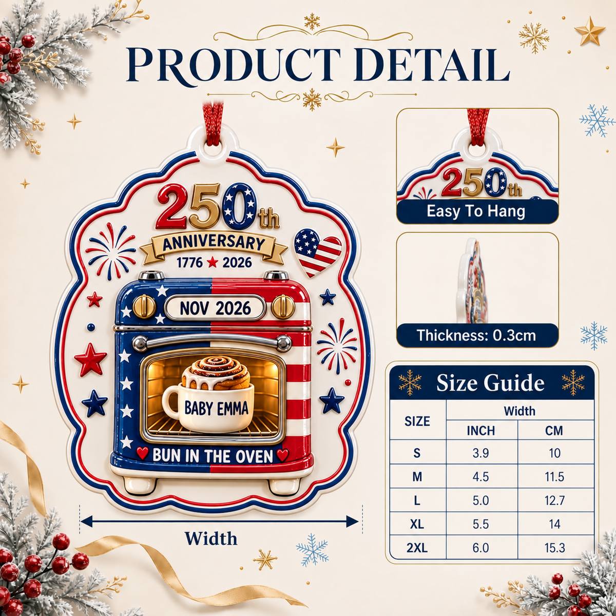 Patriotic 250th Anniversary Bun in the Oven Pregnancy Announcement Keepsake - 3D Relief Ornament