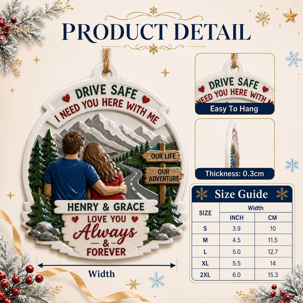 Drive Safe Couple Keepsake, Oval Mountain Scenery and Pine Trees Hanging Decor - 3D Relief Ornament