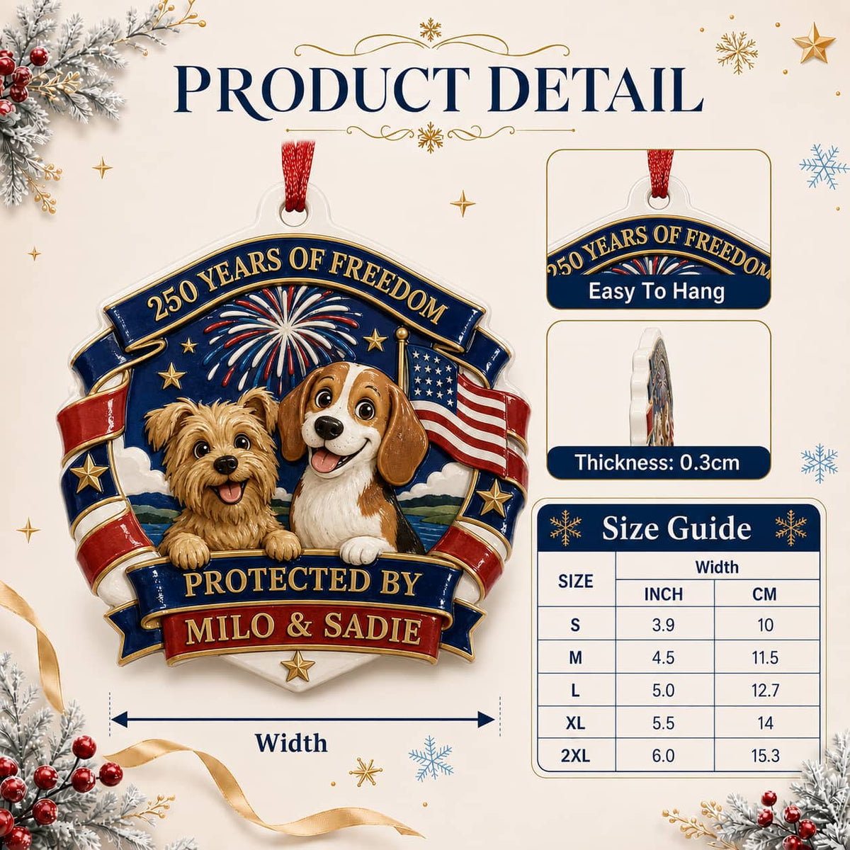 Patriotic Dogs Shield Christmas Tree Hanging Decor, 250 Years of Freedom - 3D Relief Ornament