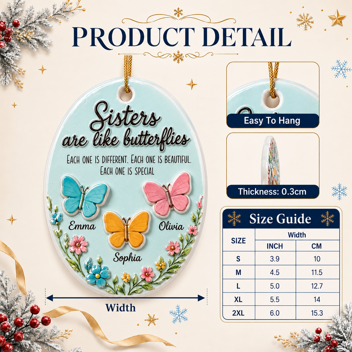 Sisters Are Like Butterflies Oval Light Blue Floral Hanging Keepsake - 3D Relief Ornament