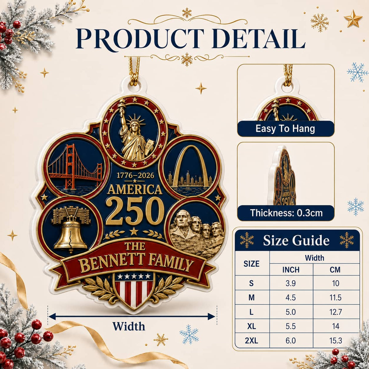 America 250 Commemorative Crest Keepsake with Patriotic US Landmarks - 3D Relief Ornament