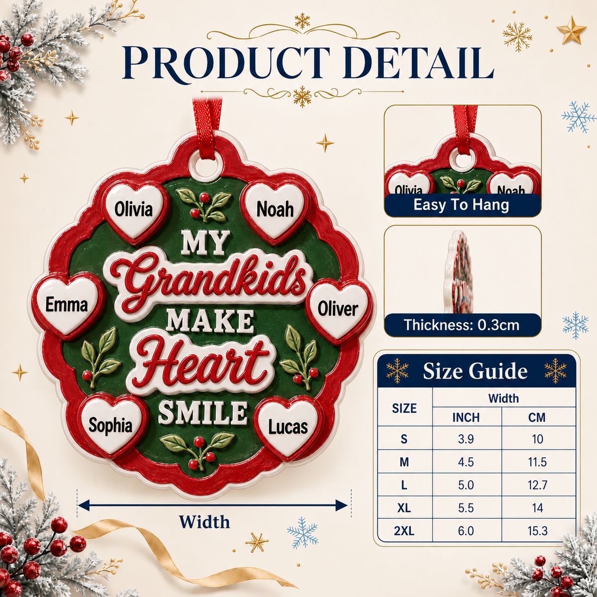 Grandkids Make Heart Smile Red and Green Scalloped Tree Keepsake - 3D Relief Ornament