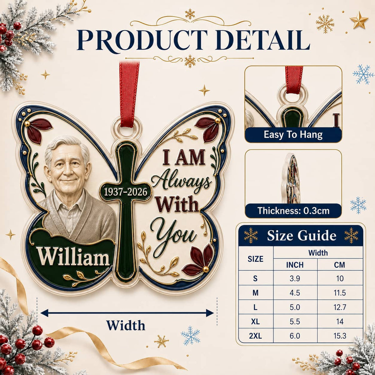 Memorial Butterfly Cross Hanging Tree Decor, I Am Always With You Keepsake - 3D Relief Ornament