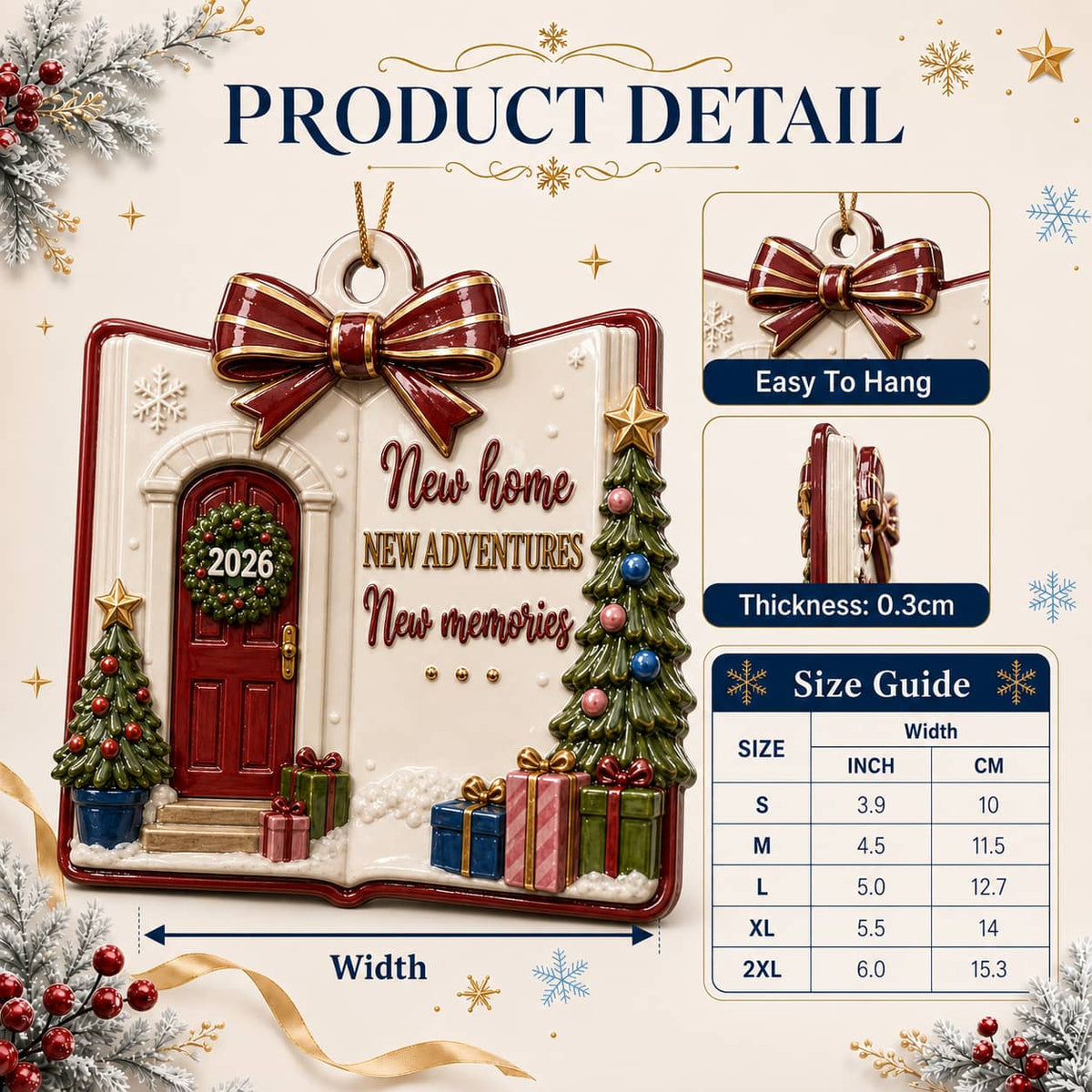 New Home Keepsake, Open Book Shape Red Front Door and Tree Holiday Decor - 3D Relief Ornament