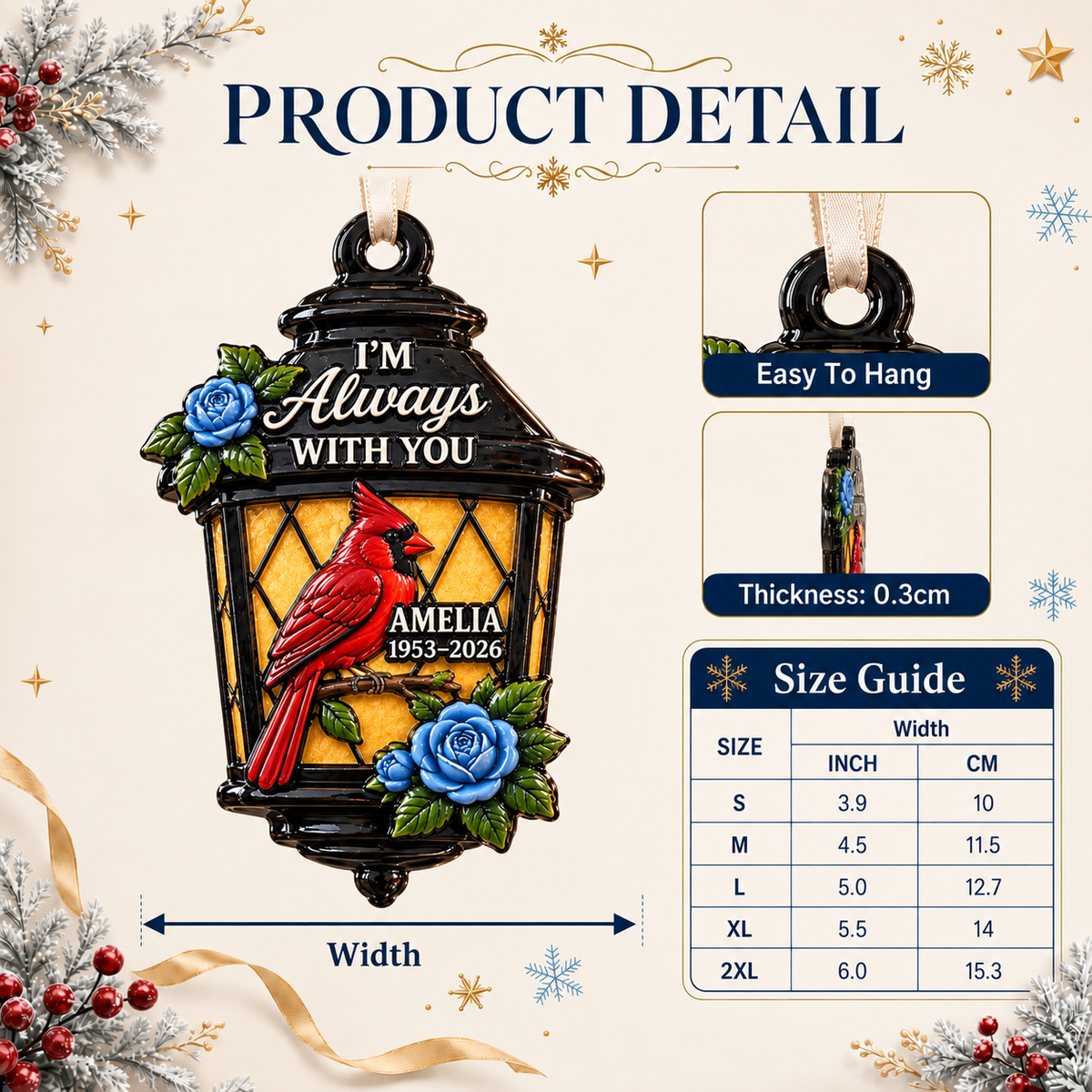 Red Cardinal Memorial Lantern Hanging Keepsake with Blue Roses - 3D Relief Ornament